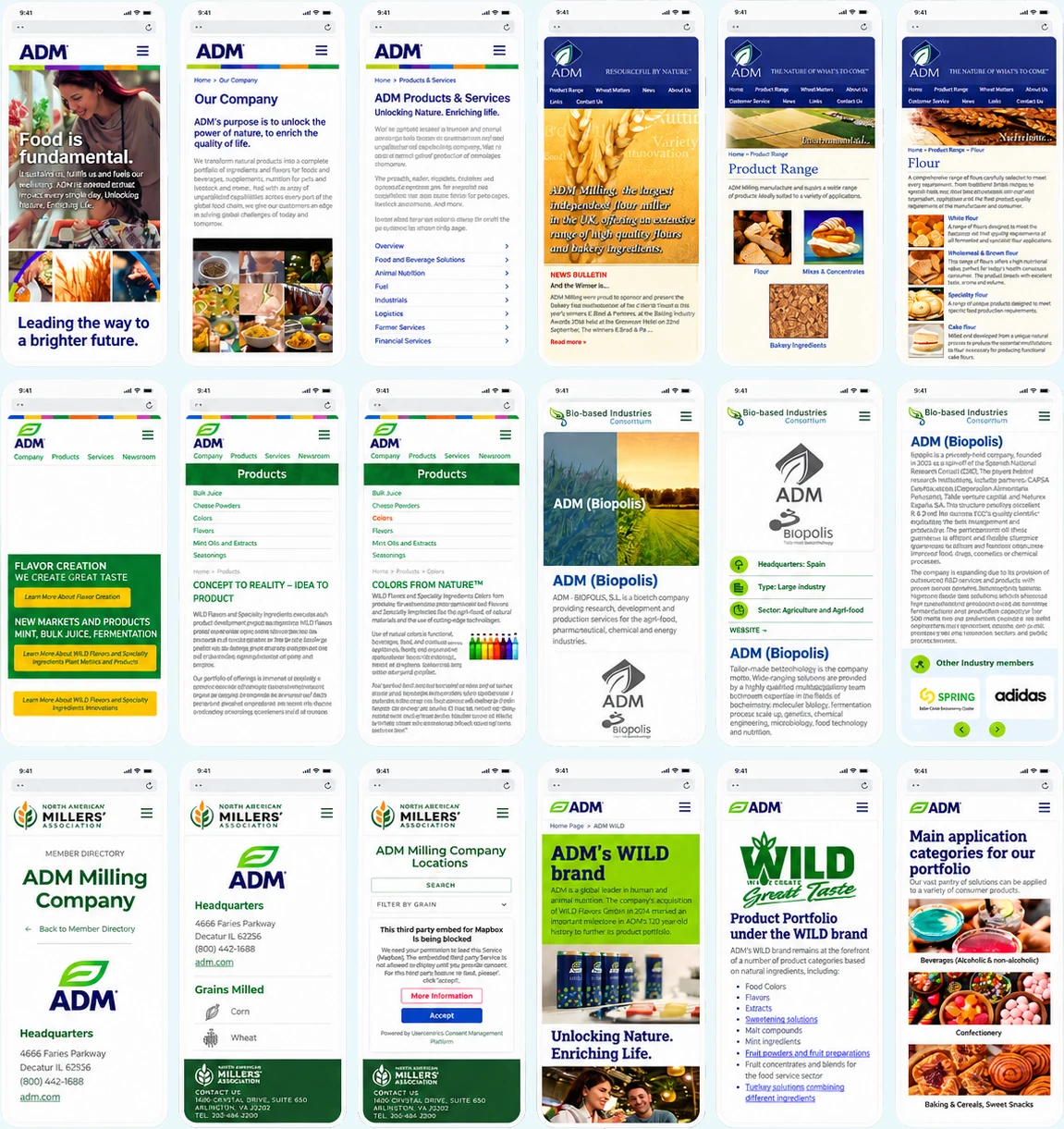Eighteen ADM pages on phones, across the corporate site, the product brands and the regional sites