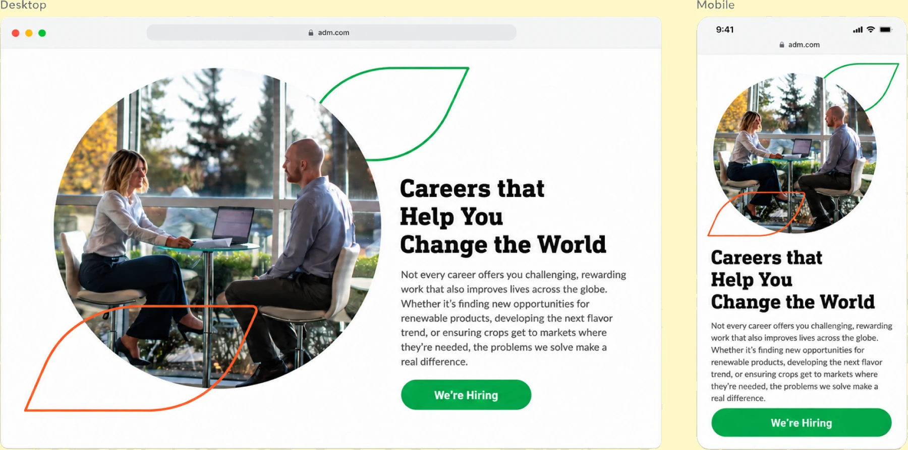 The finished careers page on desktop and mobile, built from the new component set