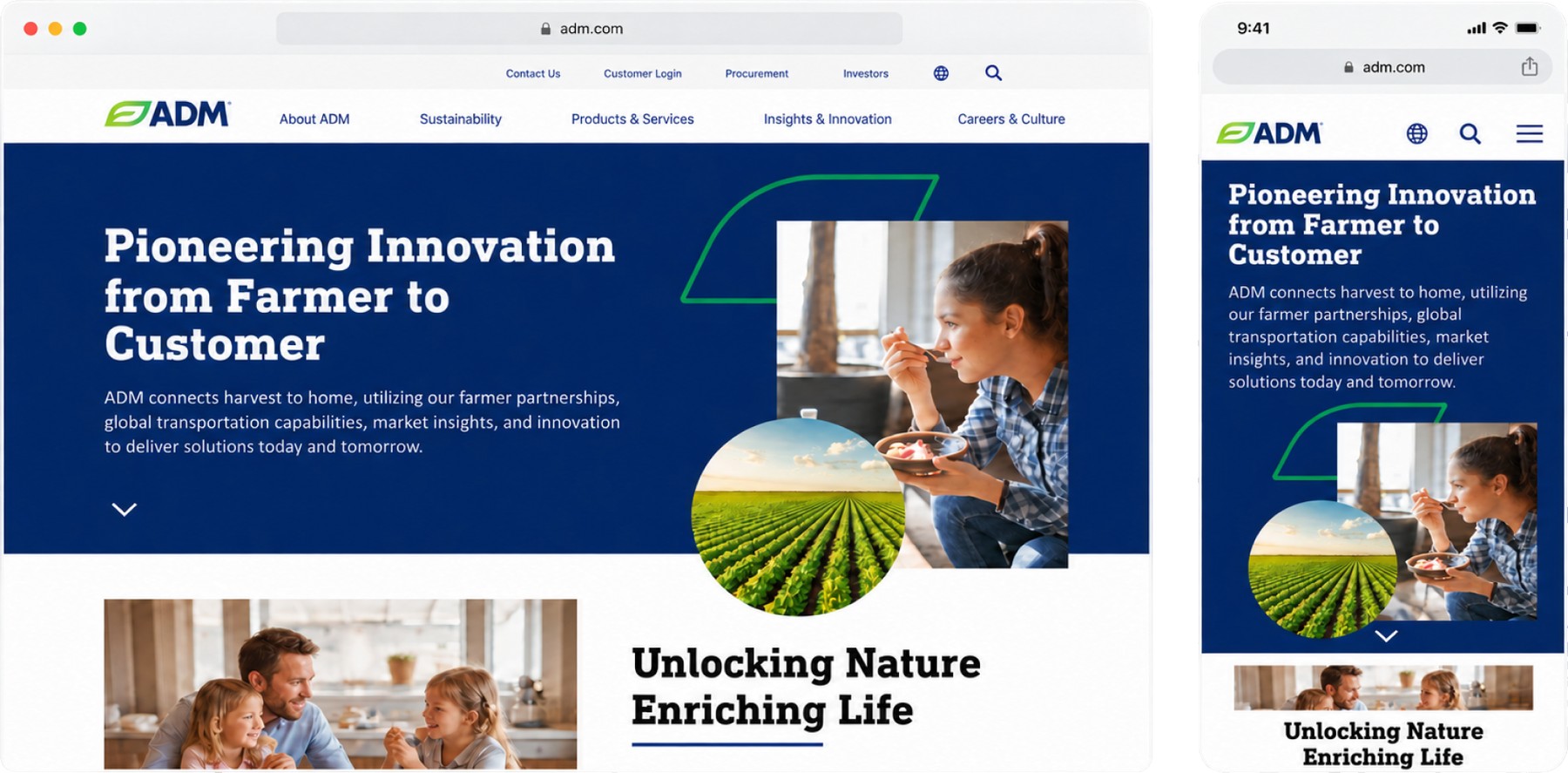 The redesigned ADM site in a browser and on a phone, headed Pioneering Innovation from Farmer to Customer