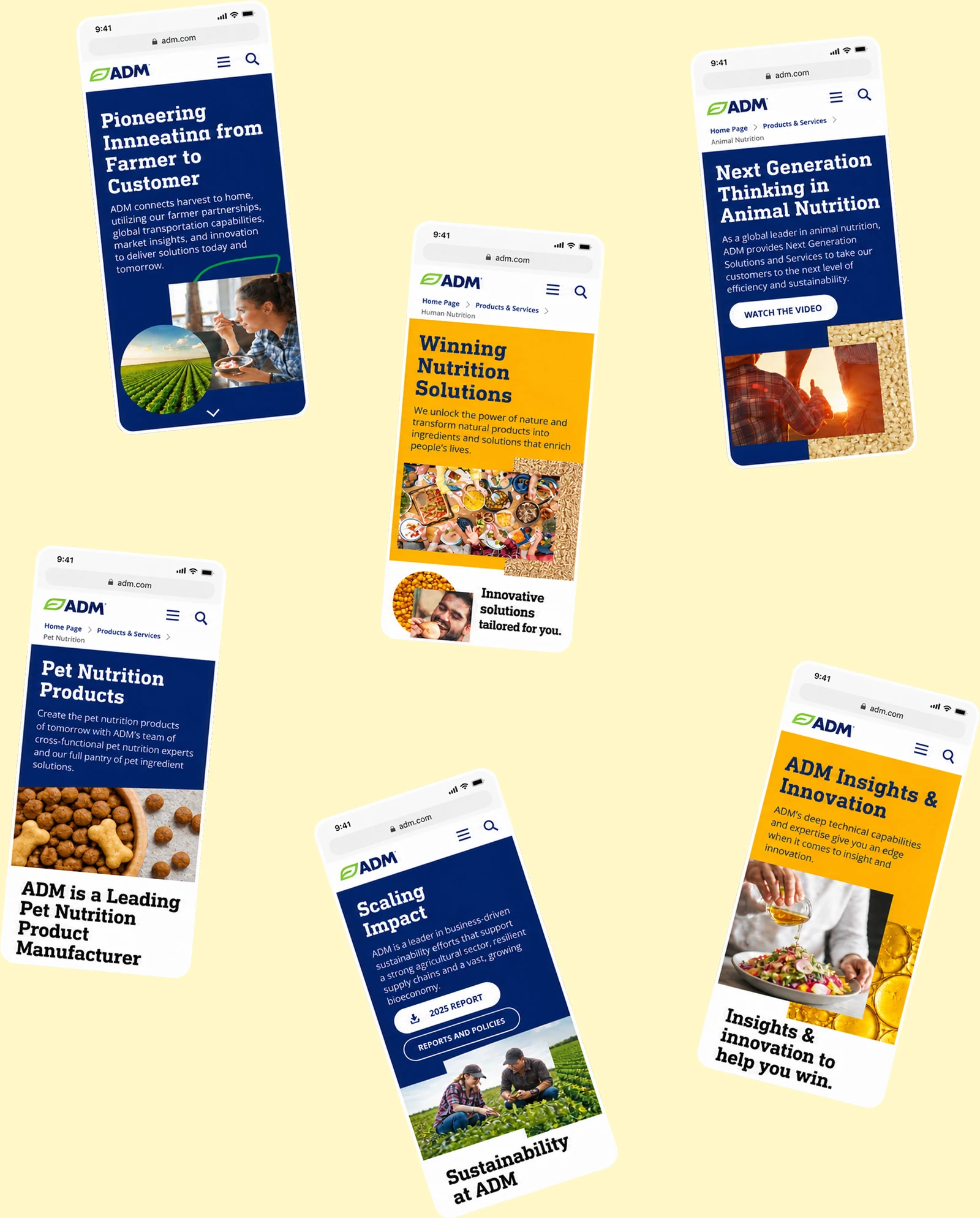 The redesigned site across phones: farmer to customer, nutrition solutions, pet nutrition, sustainability and insights