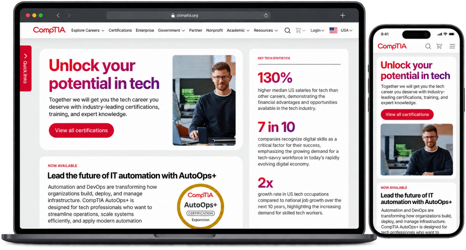 The redesigned CompTIA site on a laptop and a phone, headed Unlock your potential in tech