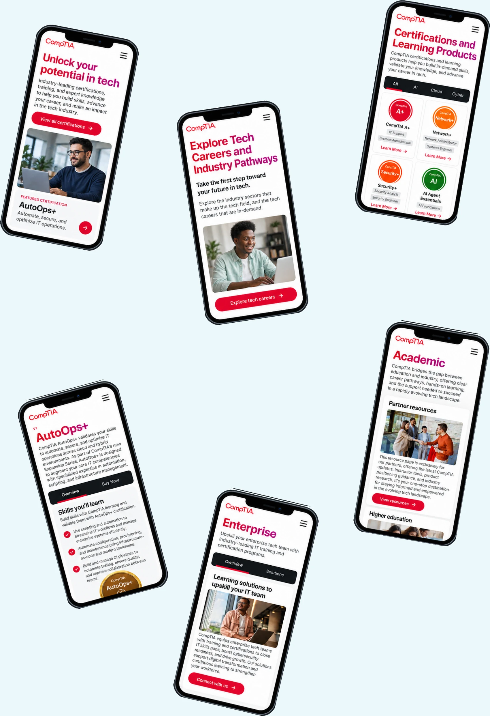 The live site across phones: the homepage, Explore Tech Careers, certifications, AutoOps+, enterprise and academic