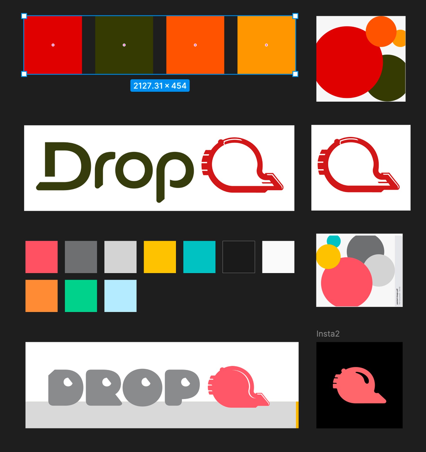 The DropQ brand board: the wordmark and its tag icon, colour swatches, and the mark reversed for social
