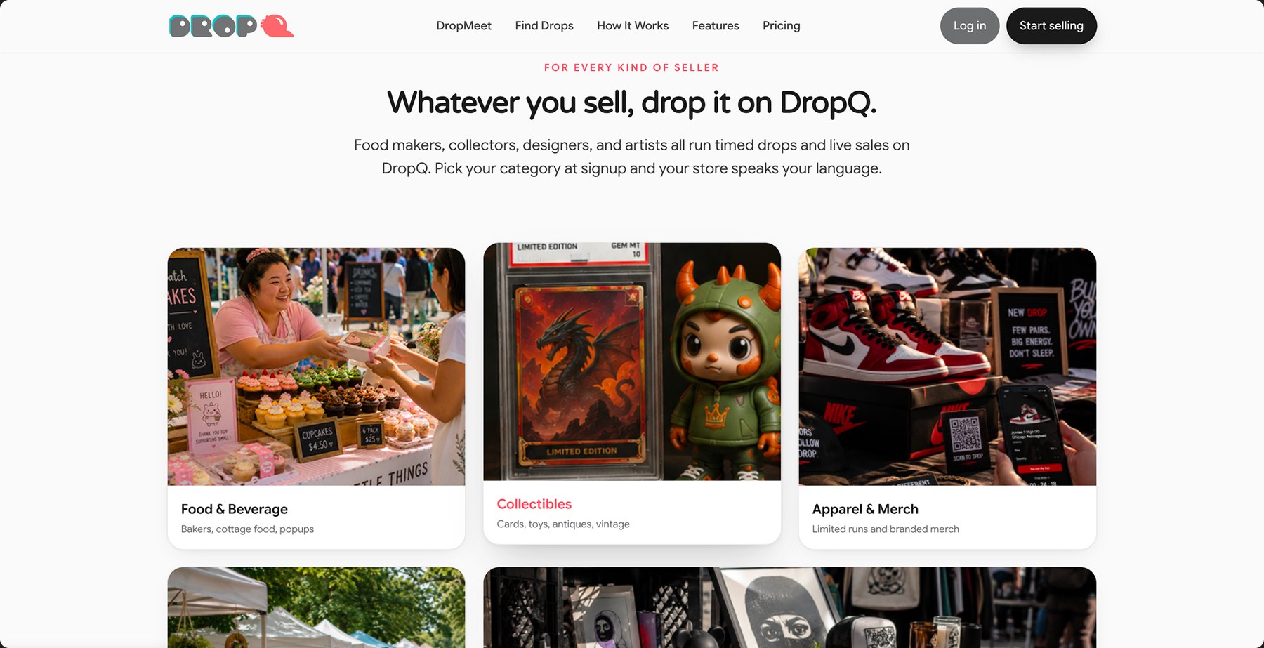The category page: whatever you sell, drop it on DropQ, with cards for food and beverage, collectibles, and apparel and merch