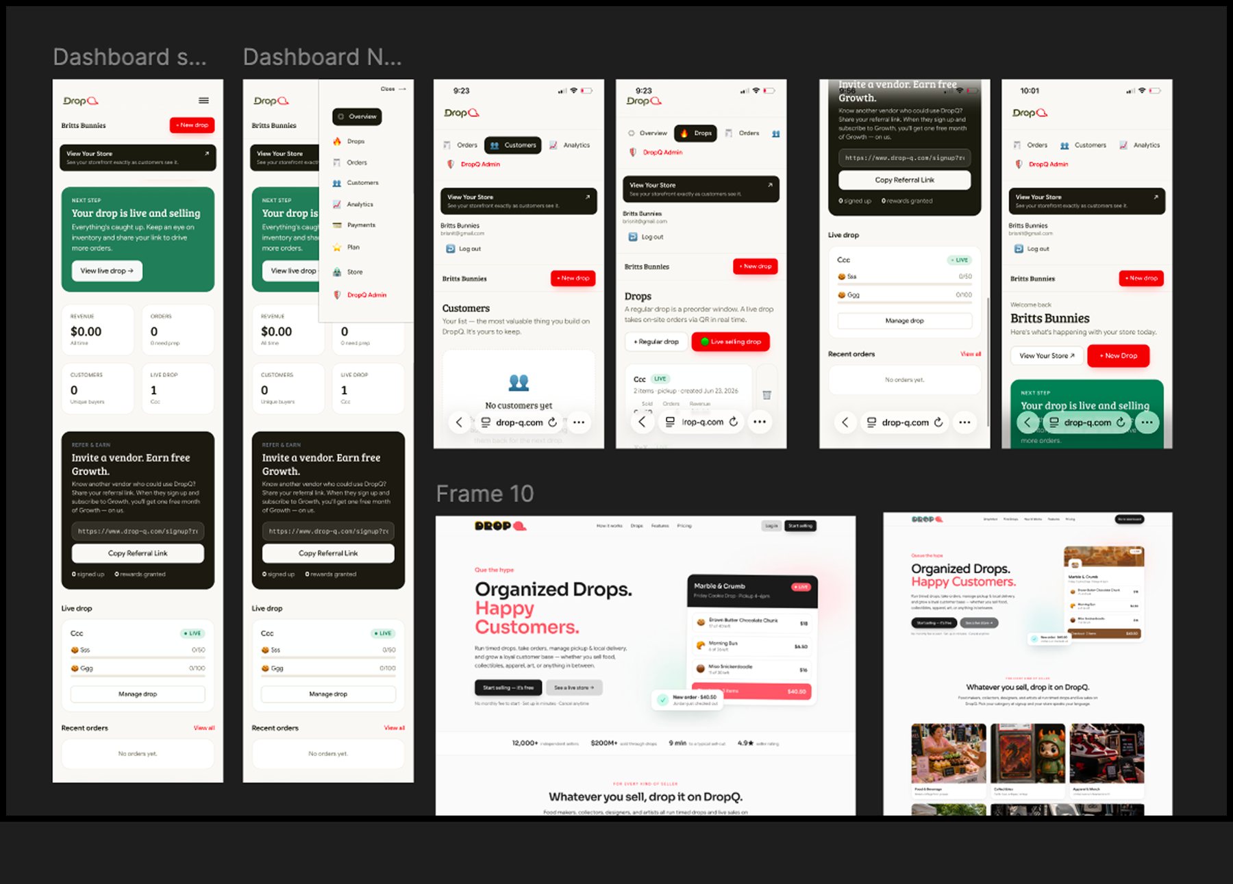 A Figma board of DropQ dashboard and storefront screens, laid out in two frames