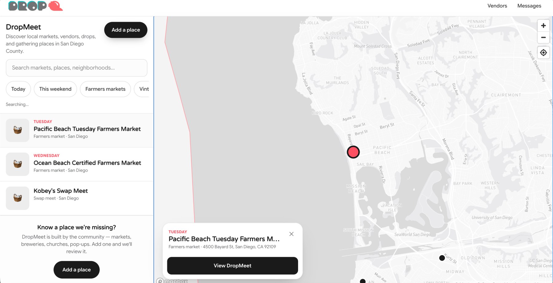 DropMeet, a map of San Diego markets and pop-ups beside a list of places and times