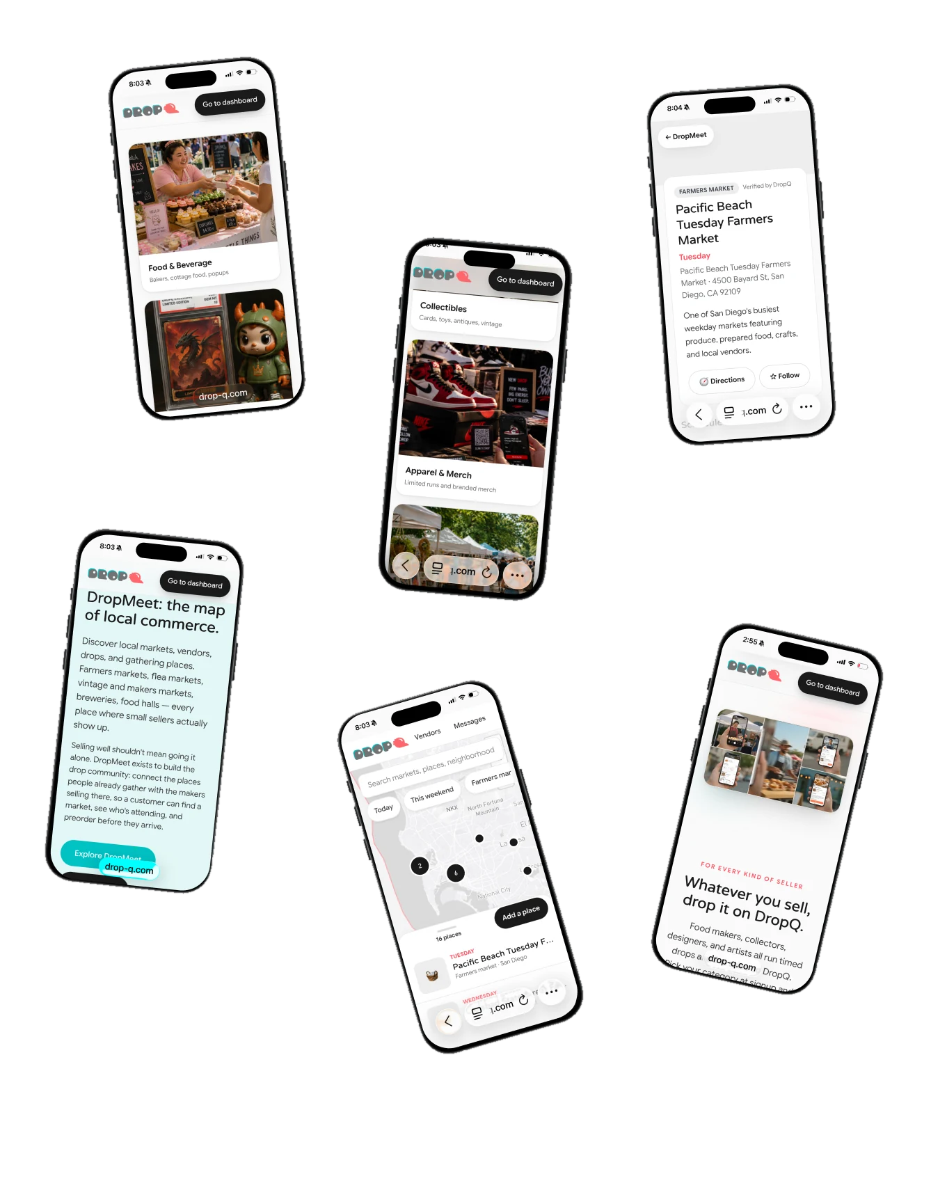 Six phones showing DropQ: category browsing, a market listing, the DropMeet map, and the seller storefront