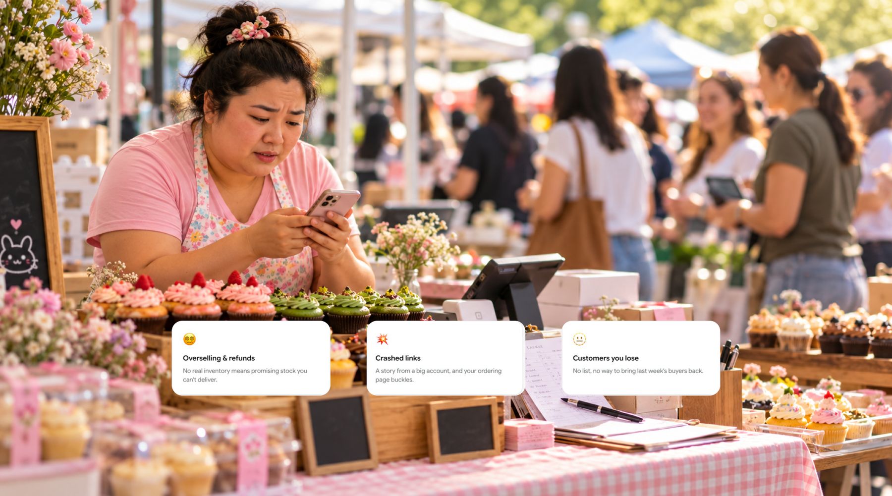 A market seller checking her phone mid-sale, with three failure modes called out over the scene: overselling and refunds, crashed links, and customers you lose