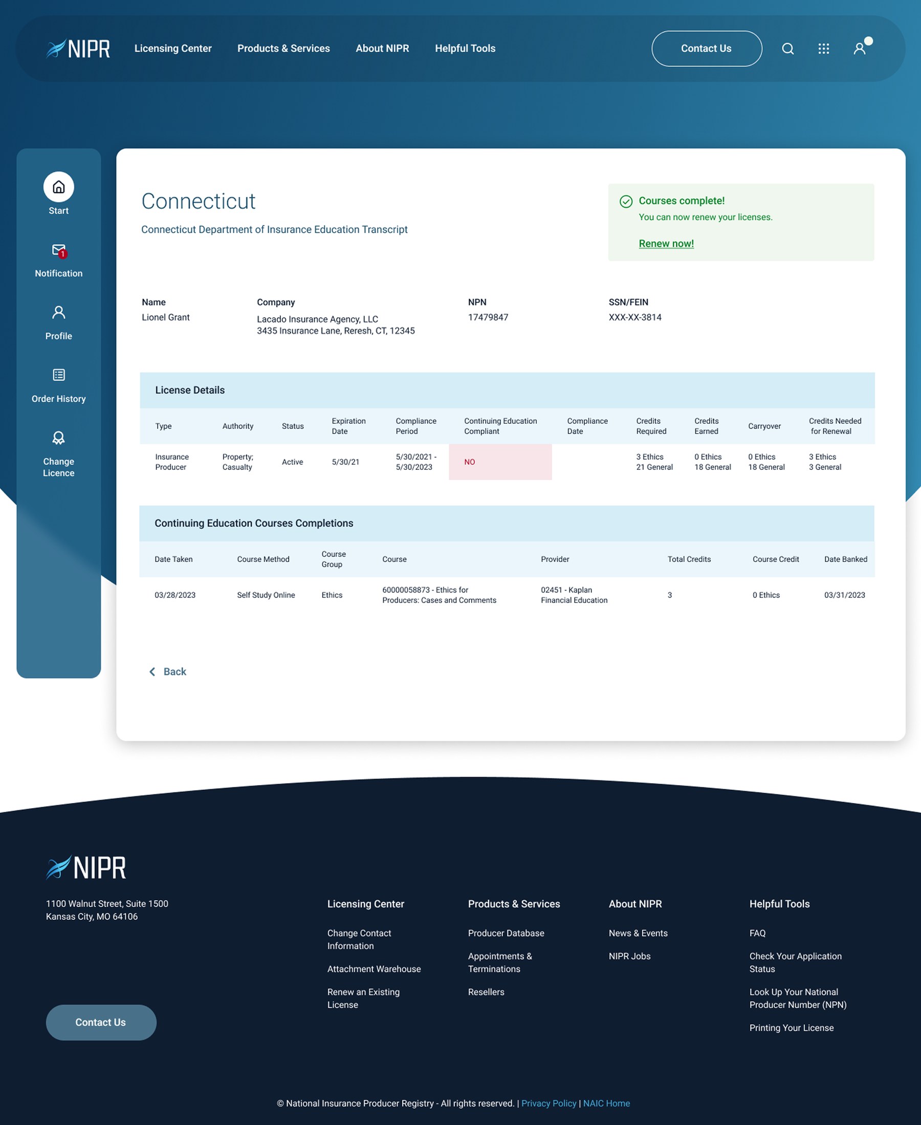 The finished licensing transcript, with status, credits and courses on one page