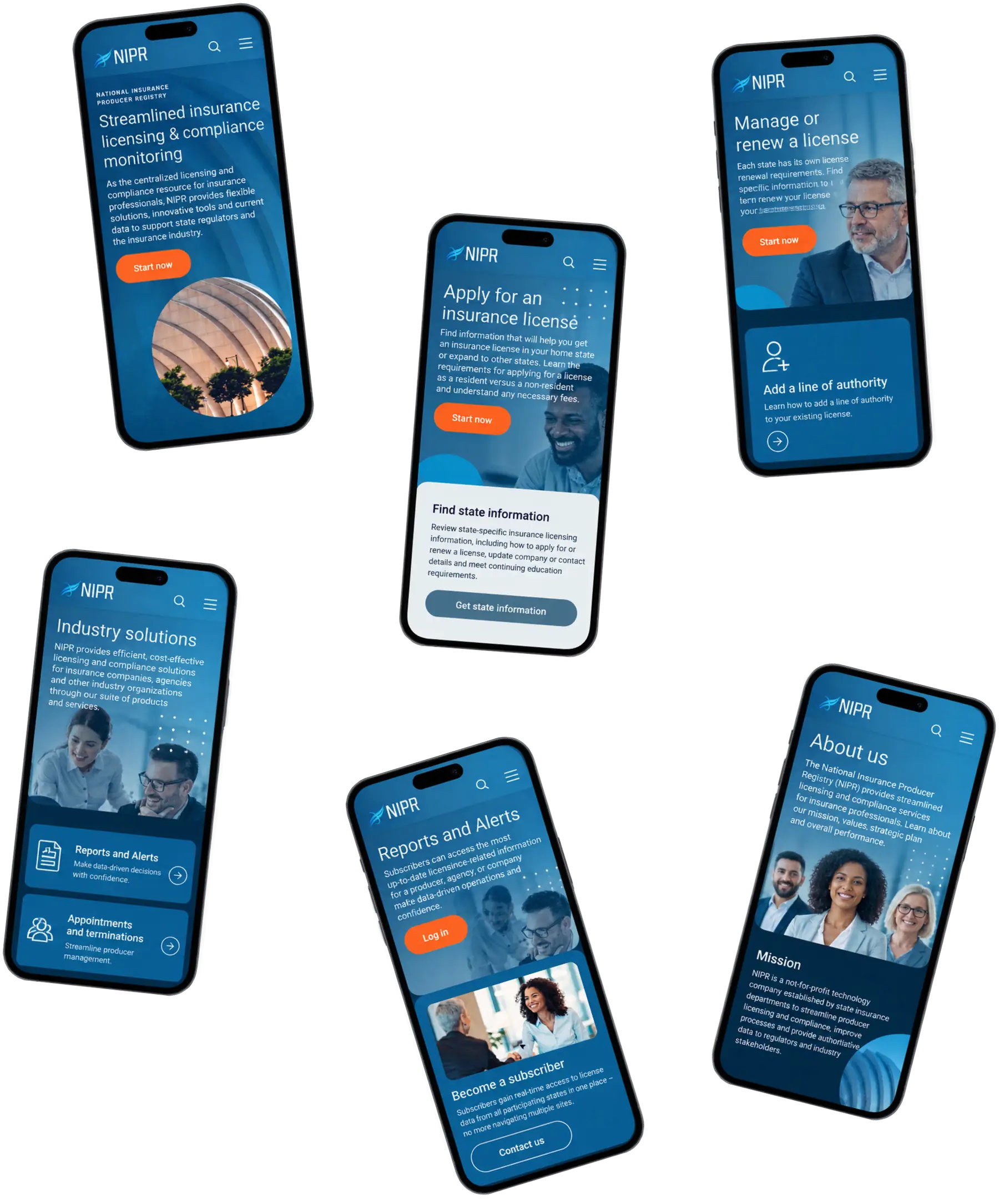 Six phone screens: licensing and compliance monitoring, applying for a licence, managing or renewing one, industry solutions, reports and alerts, and about NIPR