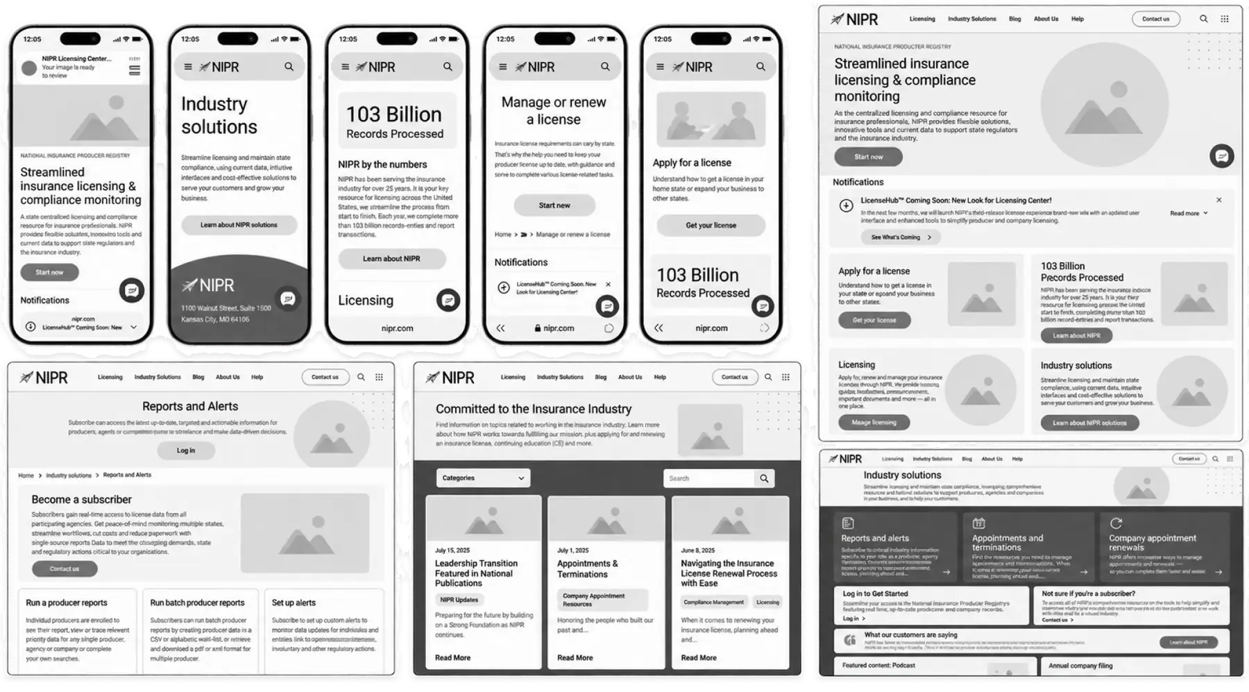Grayscale wireframes across phone and desktop, from the licensing centre to reports and alerts